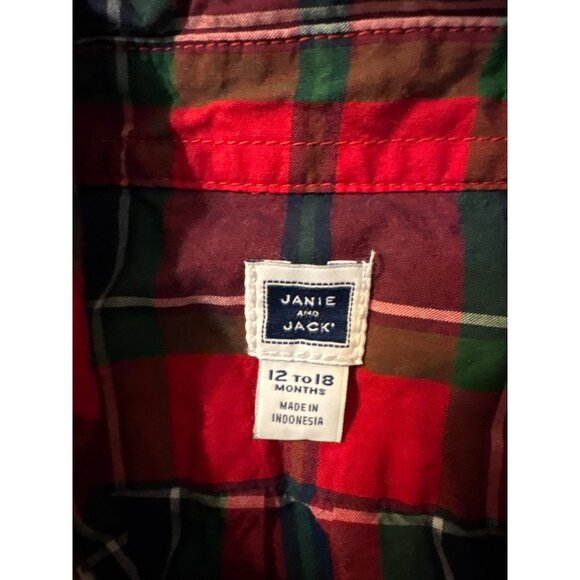 Janie And Jack Toddler Plaid Button-Up Shirt 12-18 Months Red & Green Cotton - Picture 2 of 3